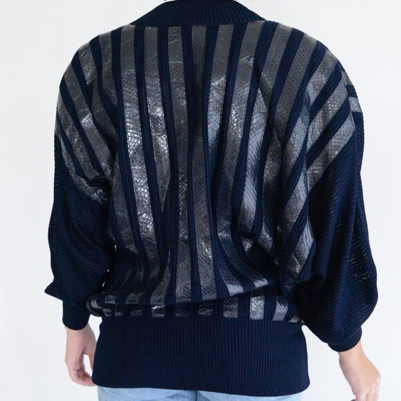 Vintage Beltrami Navy 100% Silk Zip Up Cardigan w Shoulder Pad Sweater L - Picture 3 of 14